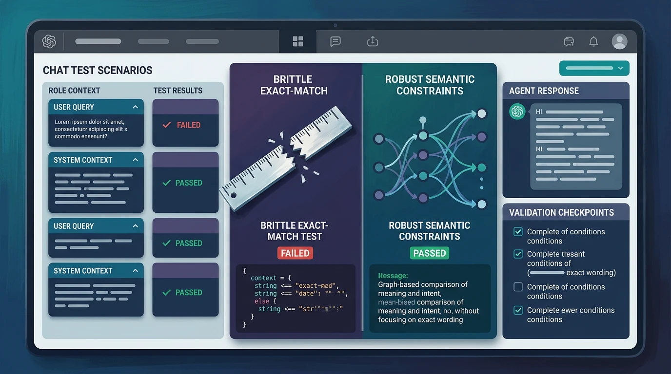 A testing control panel comparing role-based chat responses with semantic validation checkpoints.