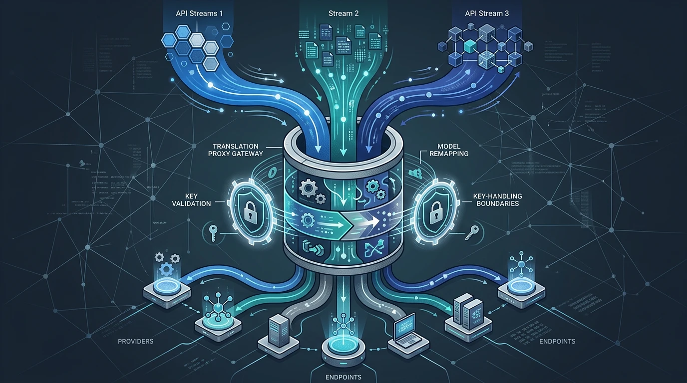 Multiple AI API formats converging through a translation gateway into unified downstream routes.