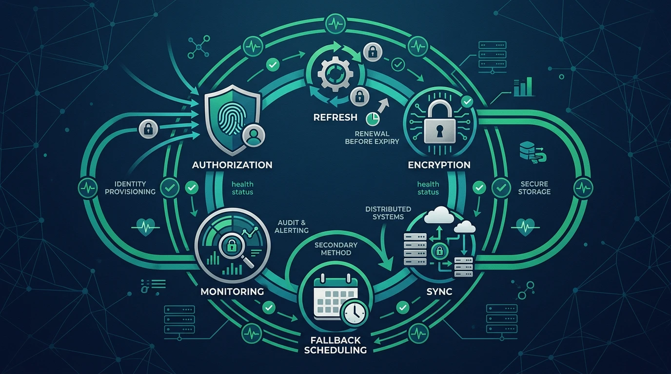 A secure token lifecycle loop with encrypted storage, scheduled refresh, and cross-system sync.