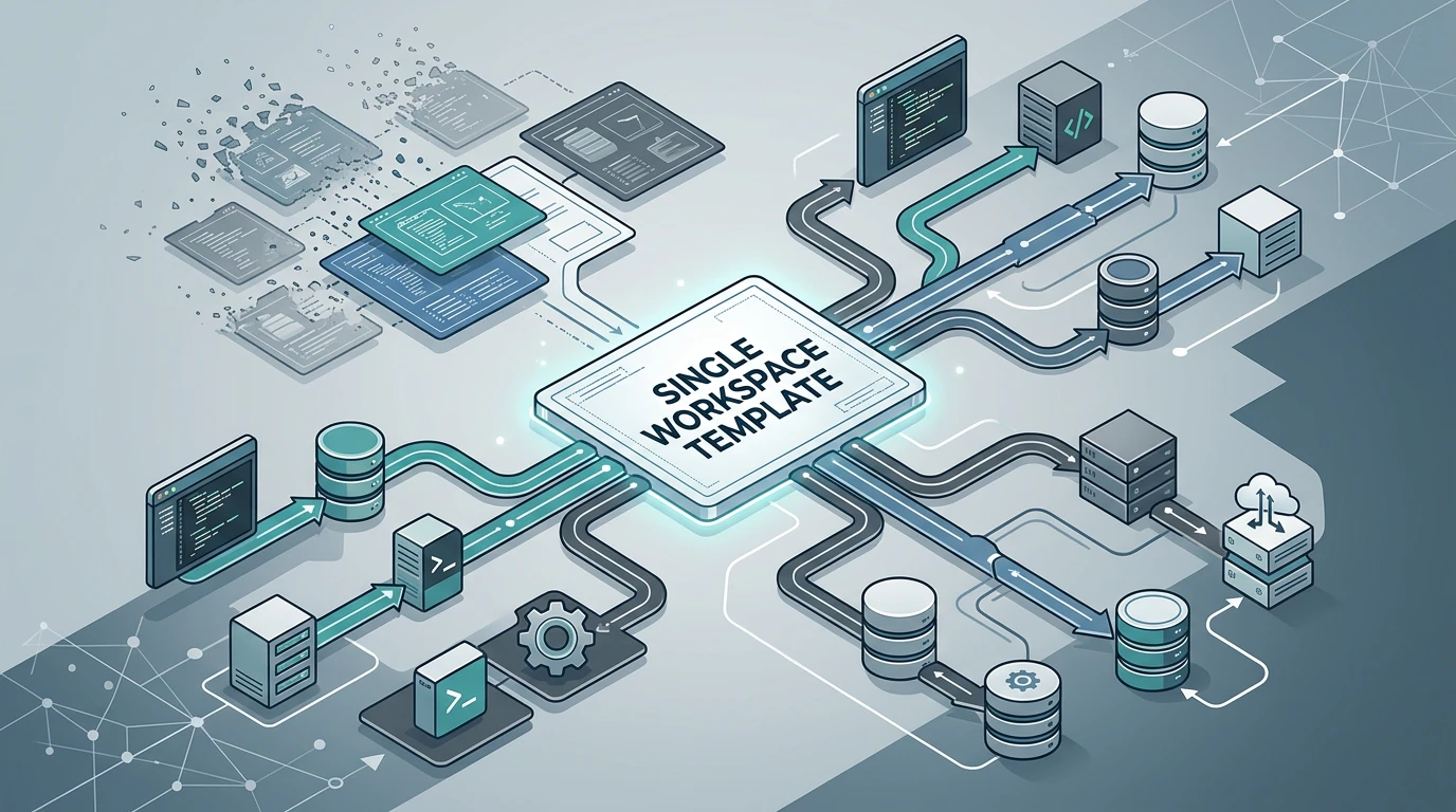 A modular workspace blueprint with one configurable template panel expanding into multiple IDE and backend configurations.