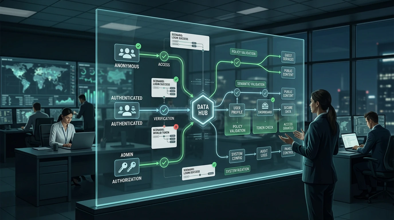 A systems architecture scene showing a central data graph connecting role-based user lanes and test workflows.