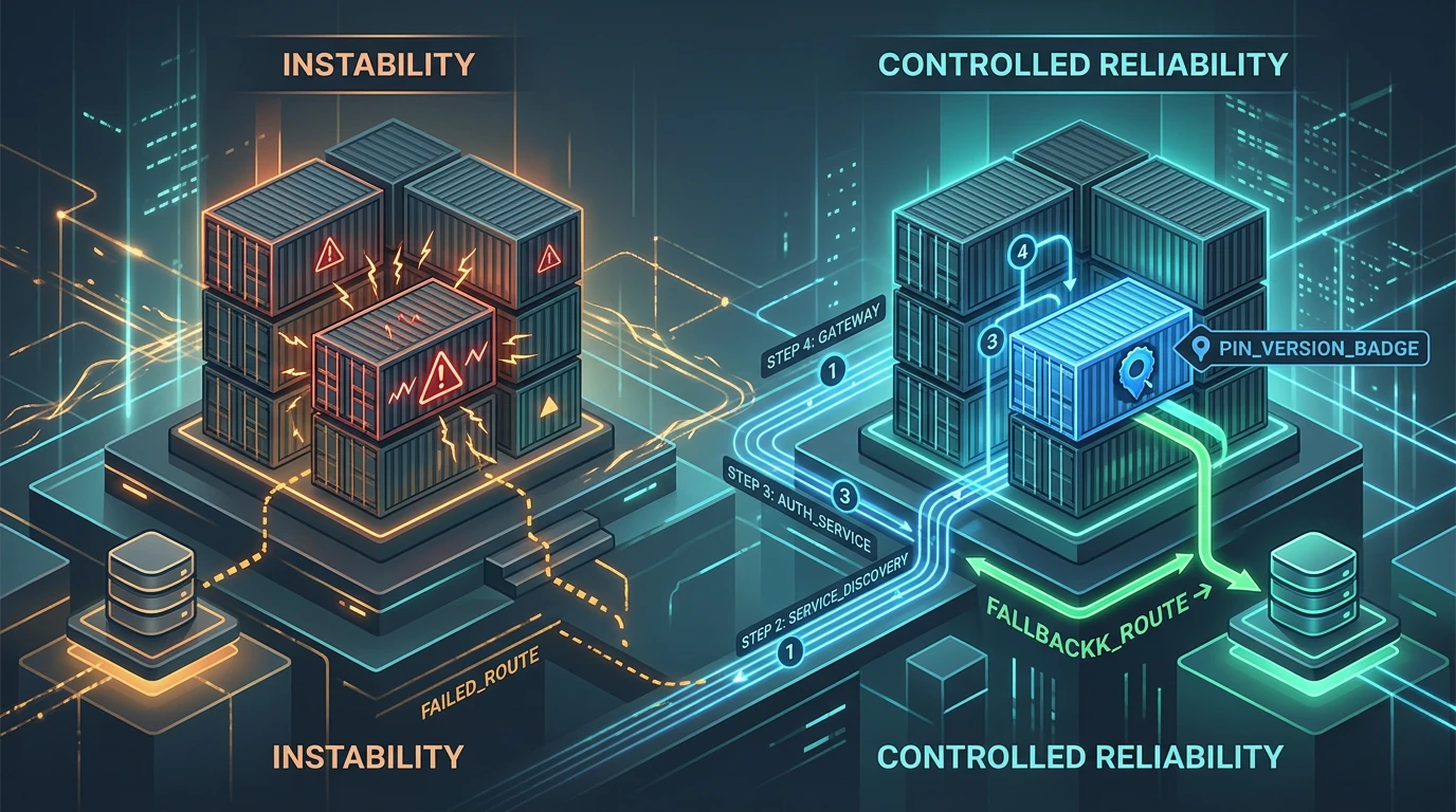 A self-hosted container stack diagram with one unstable component corrected by a pinned version and fallback storage path.